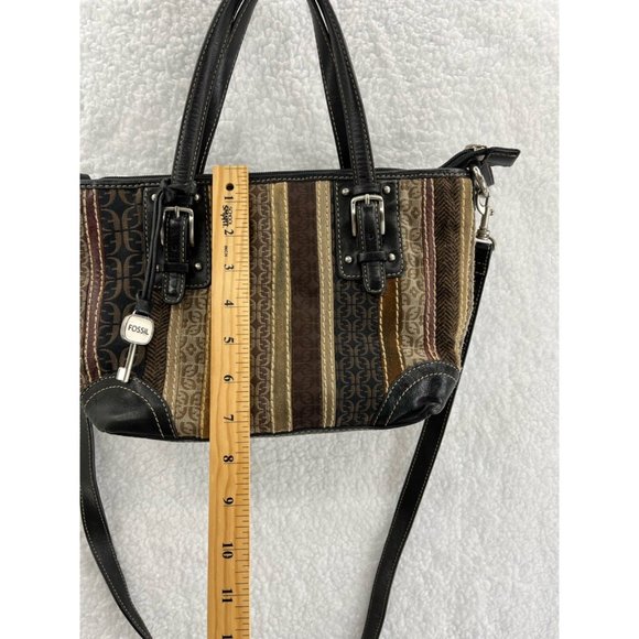 Fossil Womens Satchel Handbag Black Brown Signature Logo Detachable Strap Zip S - Picture 5 of 9